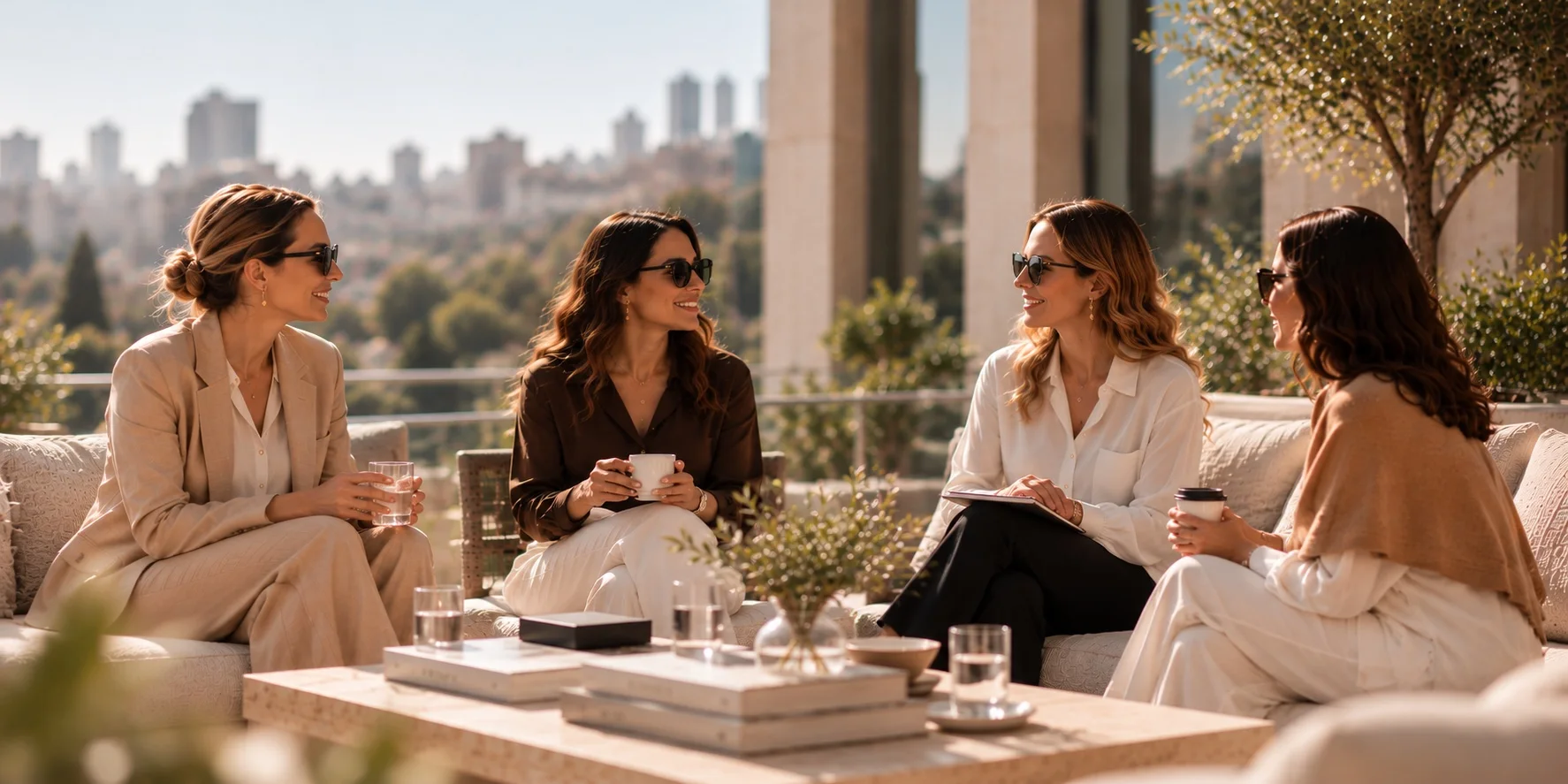 Quatro executivas conversando num terraço